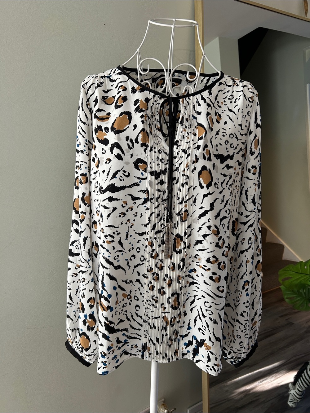 White House Black Market Leopard Print Tie-Neck Blouse in White, Black & Tan